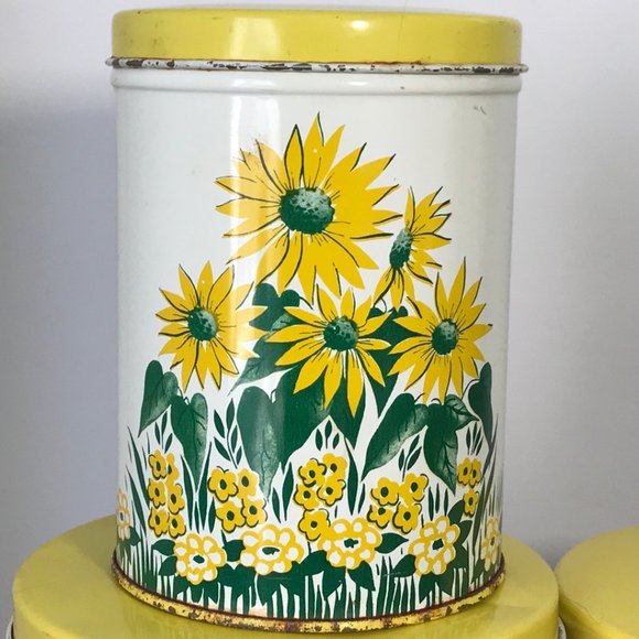 Vintage Tin Canister Set Yellow Flowers Kitchen - Picture 10 of 13